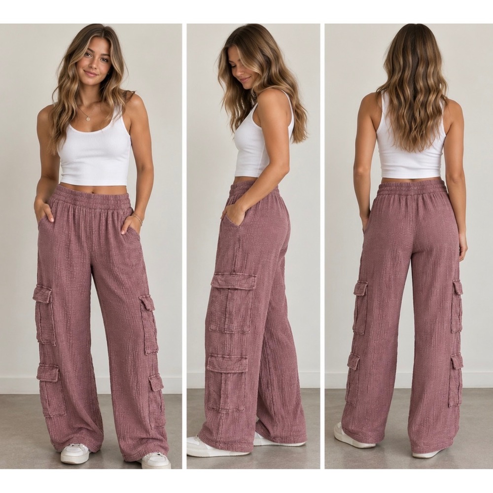 Indigo Rein Boho Gauze Cargo Pants Dusty Mauve Wide Leg Elastic Waist Size L